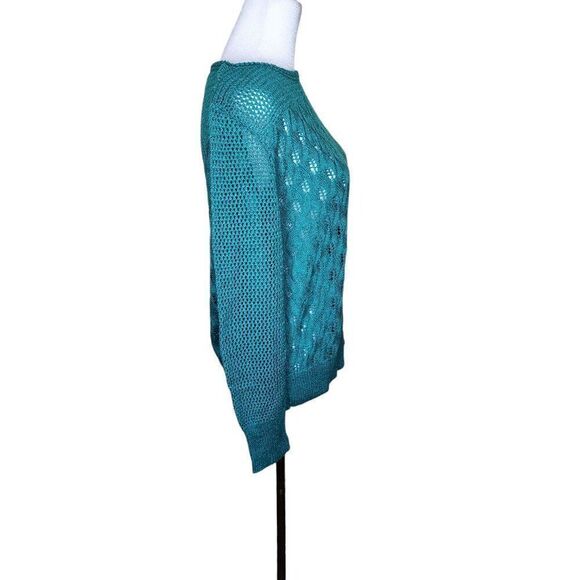 Vintage 1990s Open Weave Long Sleeve Sweater Womens Size L Teal Blue Green - Picture 3 of 6